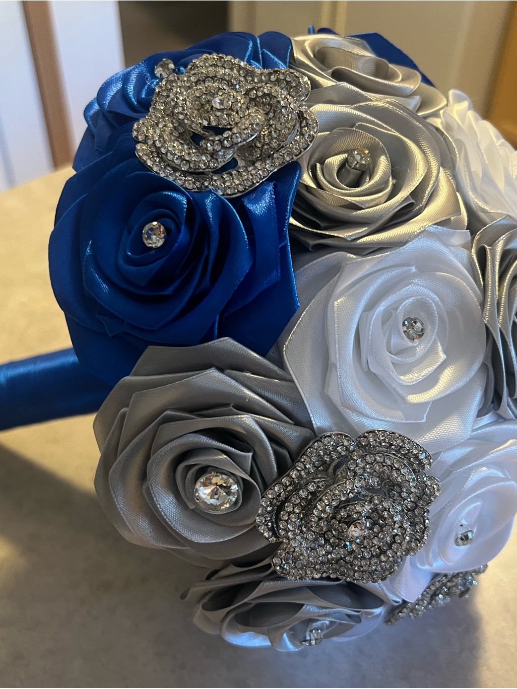 Blue, Silver & White Satin Rose Brooch Bouquet